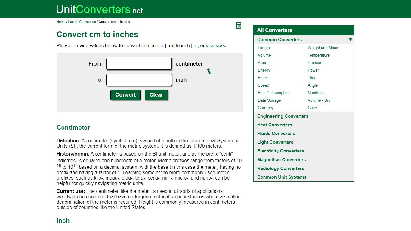 Convert cm to inches