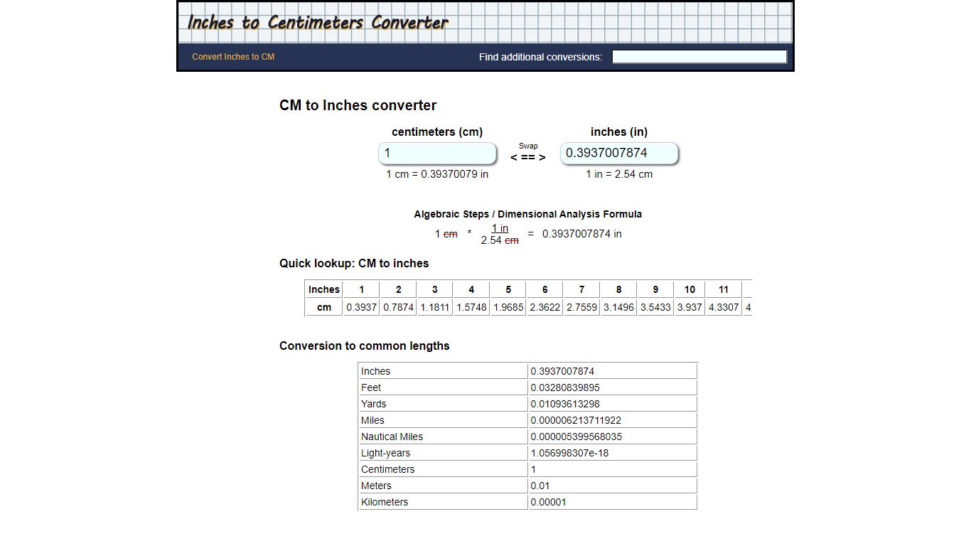 CM to inches converter