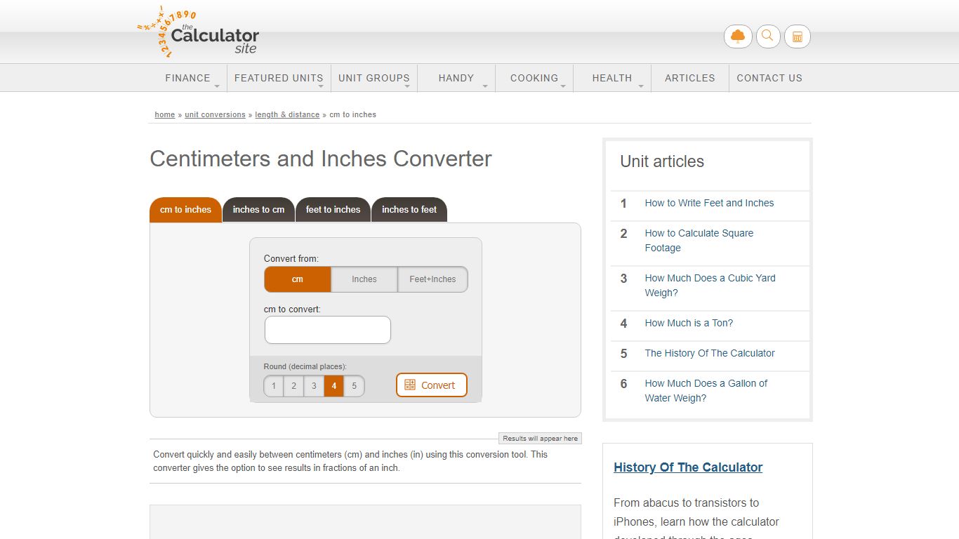 Convert cm to inches - The Calculator Site