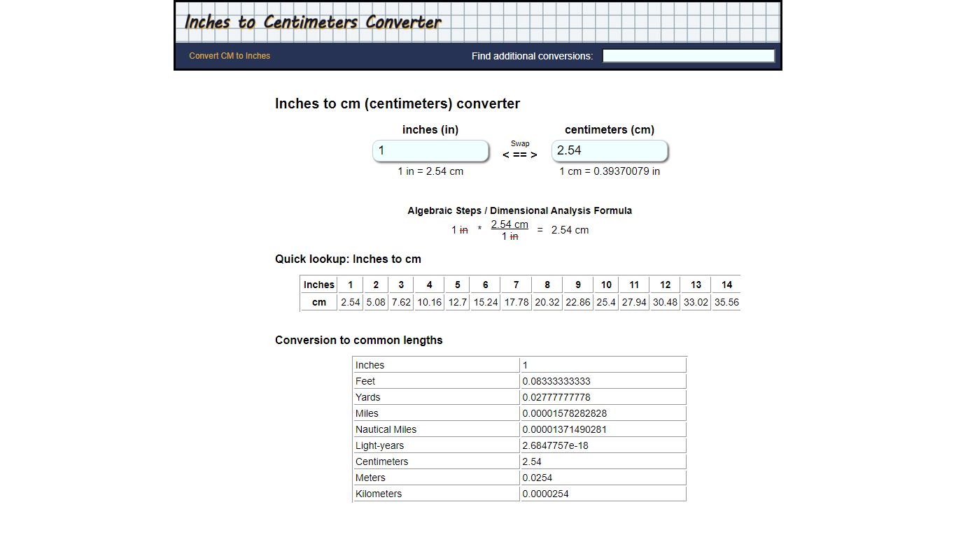 Inches to cm converter